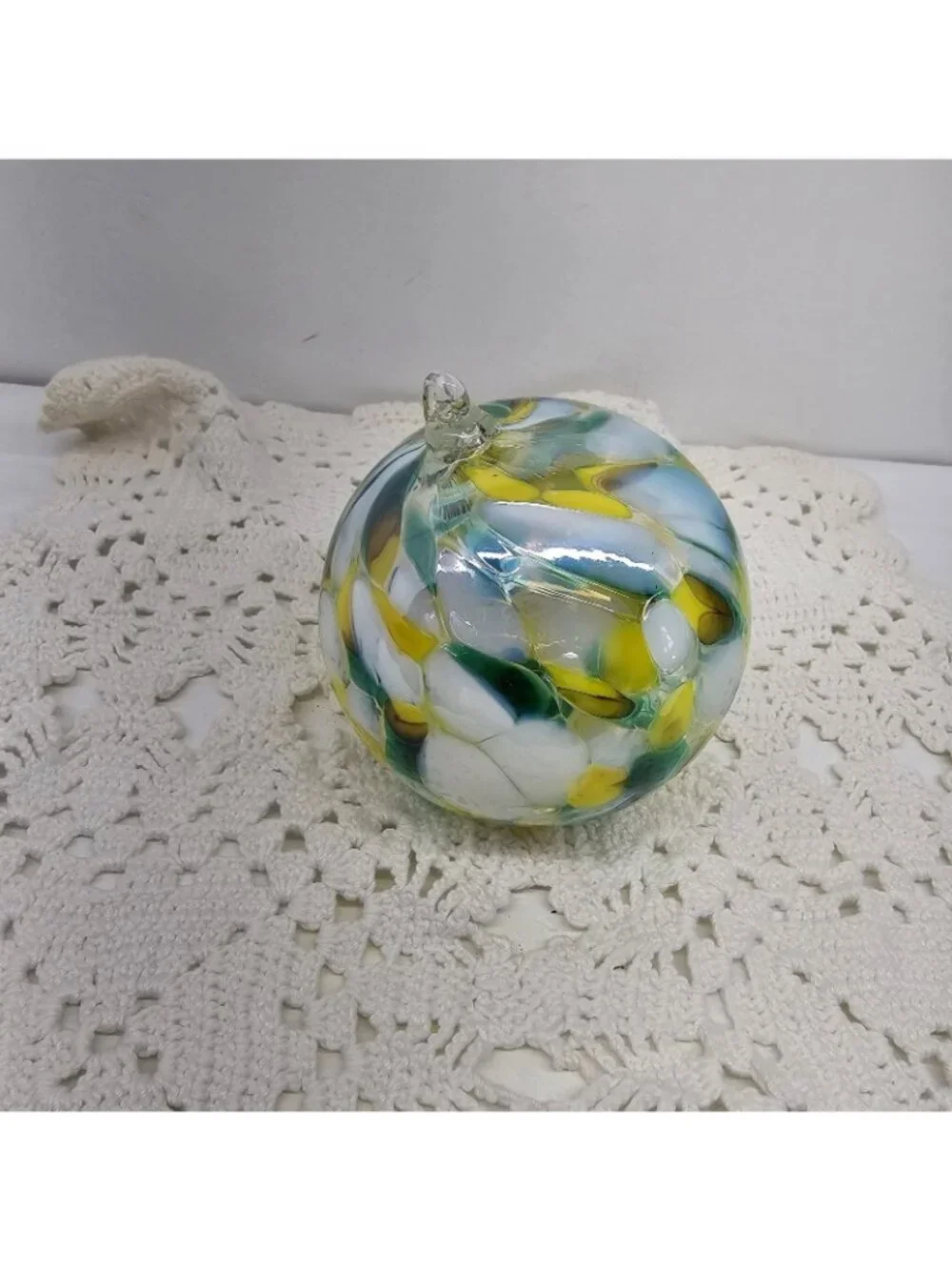 Huta Szkla Zorza Handmade Glass Christmas Ornament Poland Green Yellow White